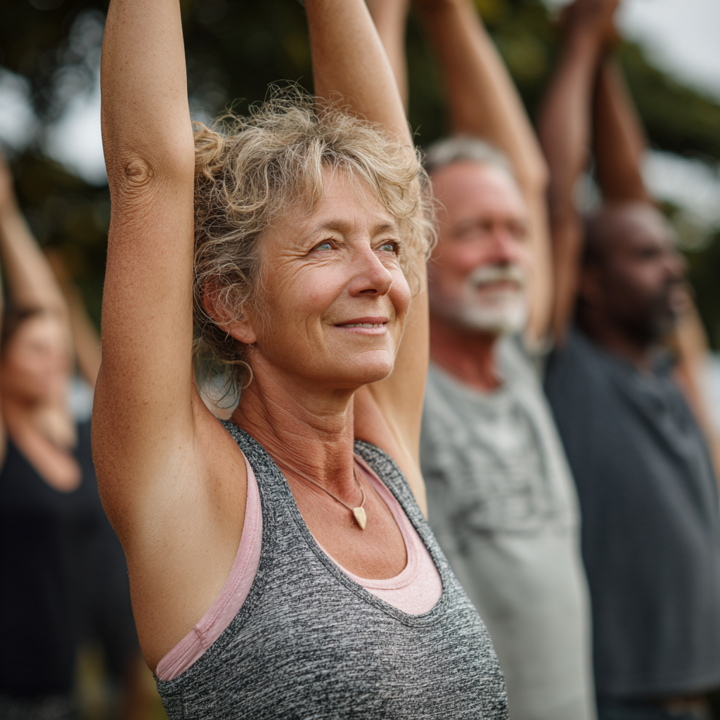 Group of mature adults aged 45-55 doing stretching exercises together in outdoor park setting