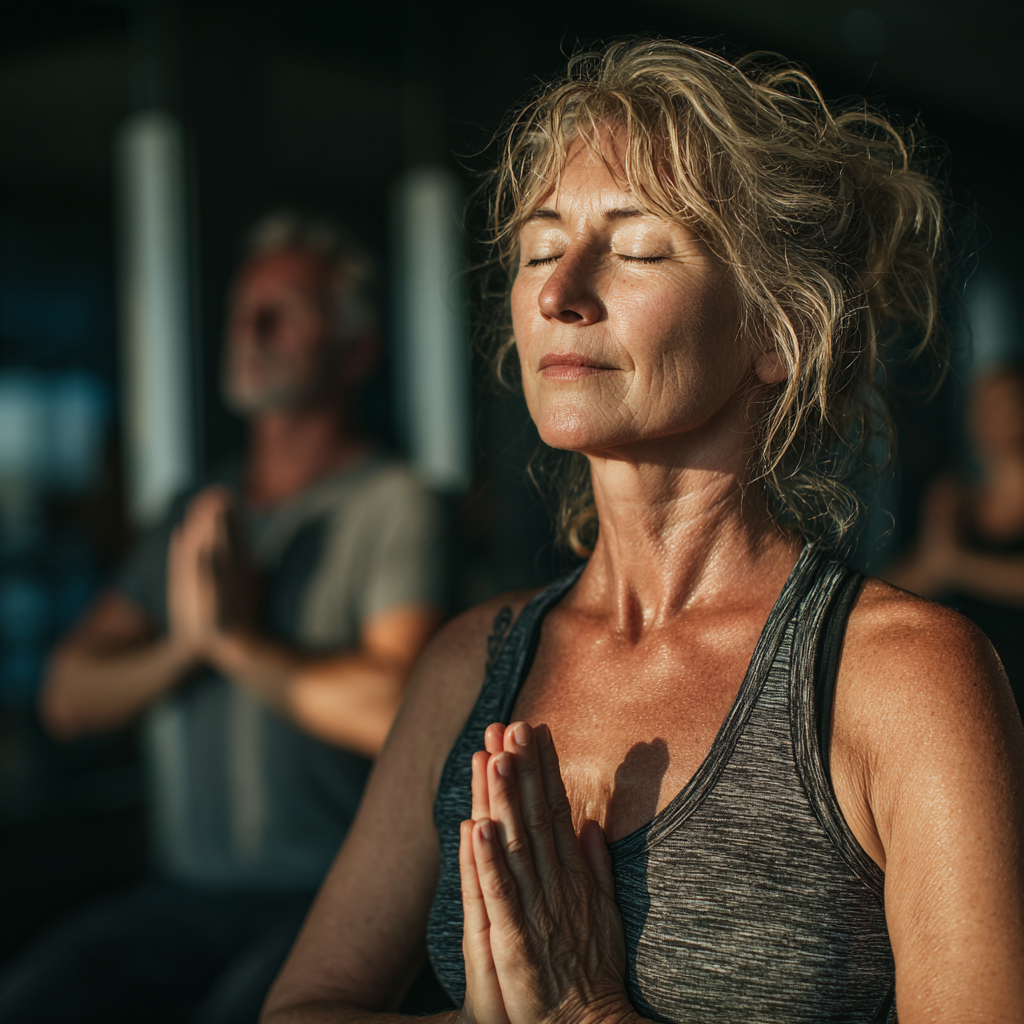 Mature woman in her forties doing yoga poses in modern fitness studio with natural lighting