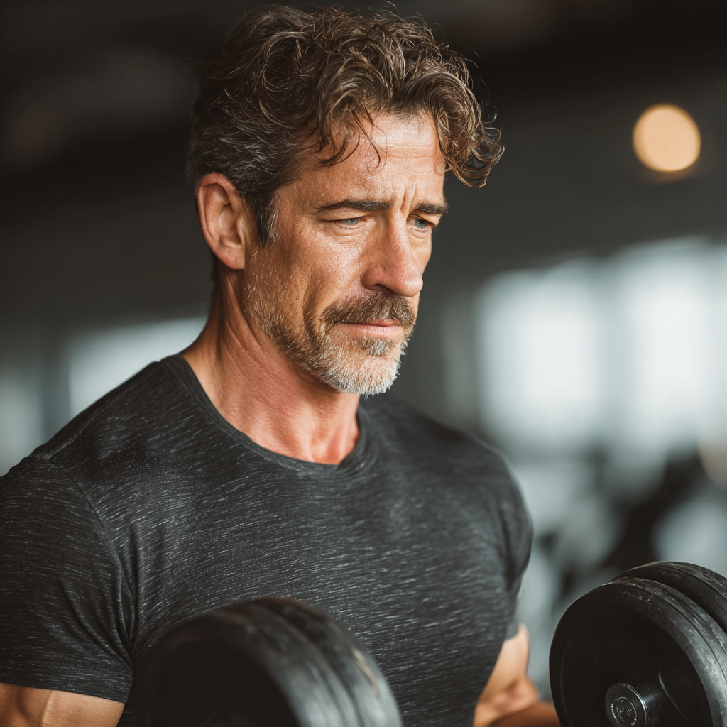 Middle-aged man in his fifties exercising with dumbbells in bright modern gym environment